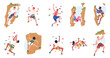 © ssstocker - Wall climbers. Rock climbing team people characters, extreme sport mountaineering outdoor risk activities climber safety rope exercise on high cliff set classy vector illustration