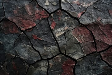 Poster - Cracked stone surface revealing red color underneath, creating a textured and weathered effect, ideal for backgrounds and textures