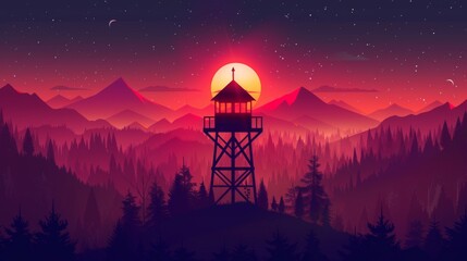 Canvas Print - Sunset over a forest watchtower with mountains in the background