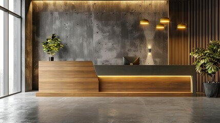 An office reception area with a modern wooden desk against a concrete wall, with soft lighting, illustrating a corporate interior design concept. Generative ai