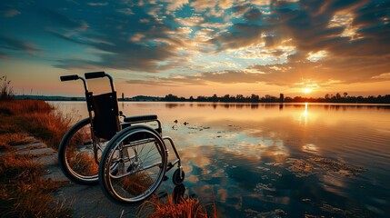 Wall Mural - An empty wheelchair by a lake at sunset, displaying beautiful colors