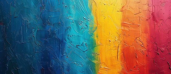 Poster - Abstract oil painting background texture in blue, yellow and red, showing bold strokes of paint creating a vibrant and colorful design