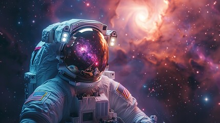 Wall Mural - Astronaut in space with stars, a galaxy, a purple and blue nebula, and galaxies reflected in his helmet