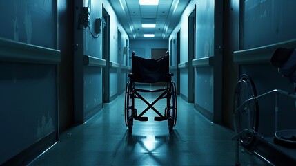 Low-key images of an empty wheelchair in a desolate hallway, symbolizing sickness or loneliness in a hospital