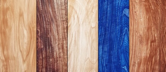 Poster - Different wooden planks forming a textured background with natural wood grain pattern, showing a variety of brown, beige and blue colors