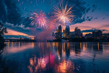 Vibrant fireworks over Minneapolis skyline at sunset with river reflection, festive and urban themes.