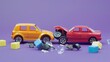 © AI Stock House - Front view of traffic car toy block accident and insurance concept on purple background