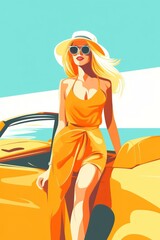 Wall Mural - Stylish woman in summer dress and hat, enjoying vacation by convertible car under clear blue sky, flat illustration