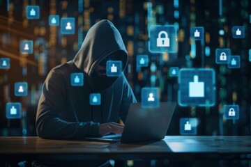 hooded figure working on a laptop, surrounded by floating digital security icons and binary code,