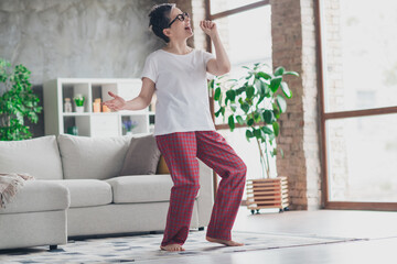 Canvas Print - Full size photo of nice senior woman dance sing karaoke dressed white clothes cozy living room home house flat indoors pension concept