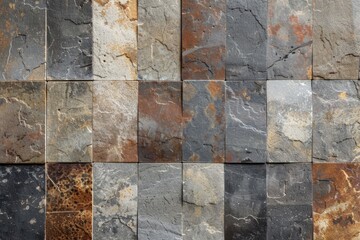 Poster - Natural stone wall cladding made with rectangular tiles showing a variety of textures and colors, creating a modern decorative pattern