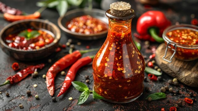 A spicy chili oil in a glass bottle amidst ingredients like red peppers and herbs representing culinary art and flavors