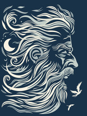 Vector illustration of a man with a beard and a bird on a blue background