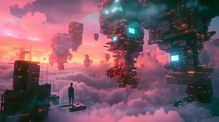 man looking out into a futuristic abstract cityscape with dystopian post apocalyptic and fantasy ele