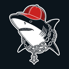 Wall Mural - cool shark wearing a red cap and chain necklace sticker illustration