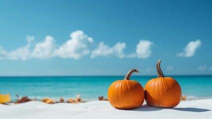 Two orange pumpkins on a sandy beach with a bright blue sky with copy space, ideal for Halloween or autumn-themed designs with a twist.