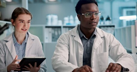 Aufkleber - People, scientist and tablet with computer for research, development or new discovery at laboratory. Young man and woman working on technology for online results, examination or test findings at lab