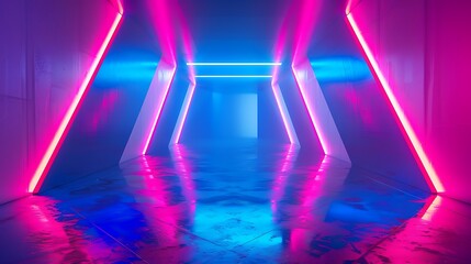 Wall Mural - Glowing blue and pink geometric shapes reflection floor fluorescent effect neon