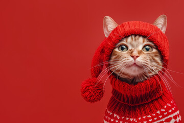 An orange cat with a Christmas sweater and red hat on a solid red background