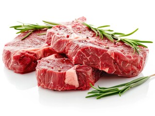 Wall Mural - raw meat and rosemary isolated on white background in studio shot