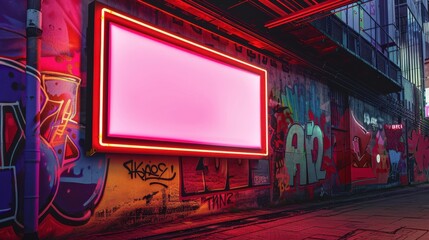 Wall Mural - A neon sign is lit up against a wall of graffiti
