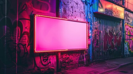 Wall Mural - A neon sign is lit up against a wall of graffiti