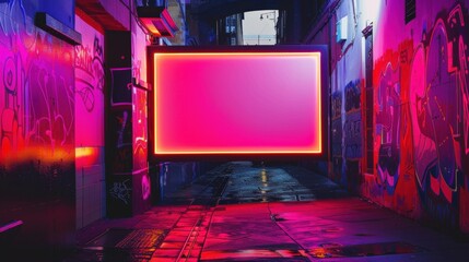 Wall Mural - A neon sign is lit up against a wall of graffiti