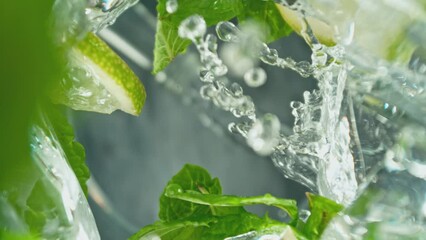Poster - Super Slow Motion of Macro Shot of Pouring Mojito drink. Unique Perspective from inside of a Glass. Filmed on High Speed Cinema Camera, 1000 fps. Speed Ramp Effect.