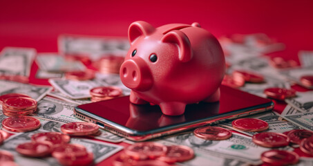 Poster - A red piggy bank sits on a smartphone surrounded by dollar bills and coins.