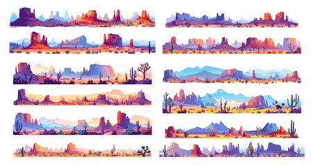 Cartoon prairies landscape set. Western desert with cactuses mountains rocks, wild west panorama vector illustration