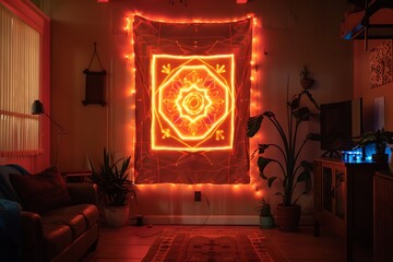 Wall Mural - A glowing LED tapestry hanging in a darkened room