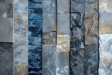 Poster - Modern wall with cladding made from rectangular pieces of natural stone in shades of gray and blue. Creating a striking design suitable for both interior and exterior spaces