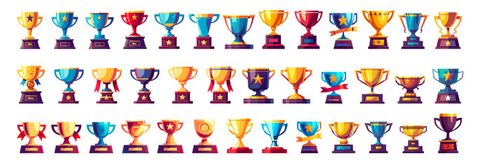 Poster - Cartoon trophy cup set. Game winner goblet reward, sport first place golden prize cups with star vector illustration