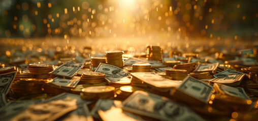 Poster - A close-up shot of a pile of US dollar bills and gold coins scattered on the ground, illuminated by a golden sunset.