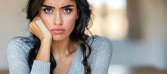 Wall Mural - Upset and lonely woman sitting in a room, expressing feelings of depression and solitude