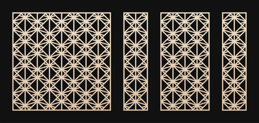 Poster - Laser cut panel set. Vector template with abstract geometric pattern, grid, lattice, lines,  squares, triangles. Decorative stencil for laser cutting of wood, metal, paper. Aspect ratio 1:1, 1:4, 1:2
