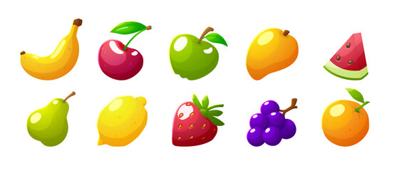 Wall Mural - Whole fruits vector set, fresh banana, lemon, strawberry, cherry, mango, grapes, watermelon, orange and pear isolated