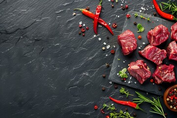 Cut beef into small pieces with sea salt, dried herbs and chili peppers on dark slate or concrete background. Top view. Top view. HD, realistic, copy space, Generative ai
