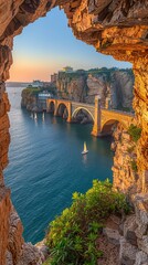 Wall Mural - Stunning Coastal View with Ancient Bridge at Sunset Framed by Rocky Cave Overlooking Serene Waters and Sailboats