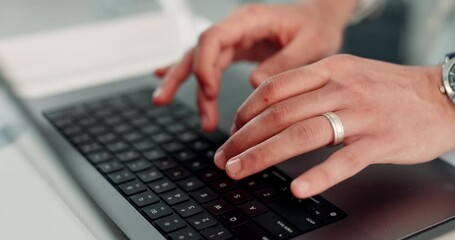 Poster - Hands, laptop and typing in closeup at office, desk and editing with development at creative agency. Person, writer and computer with click on keyboard with schedule for deadline at media company