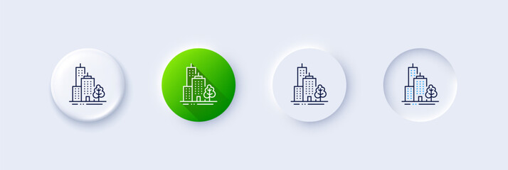 Wall Mural - Skyscraper buildings line icon. Neumorphic, Green gradient, 3d pin buttons. City architecture with tree sign. Town symbol. Line icons. Neumorphic buttons with outline signs. Vector