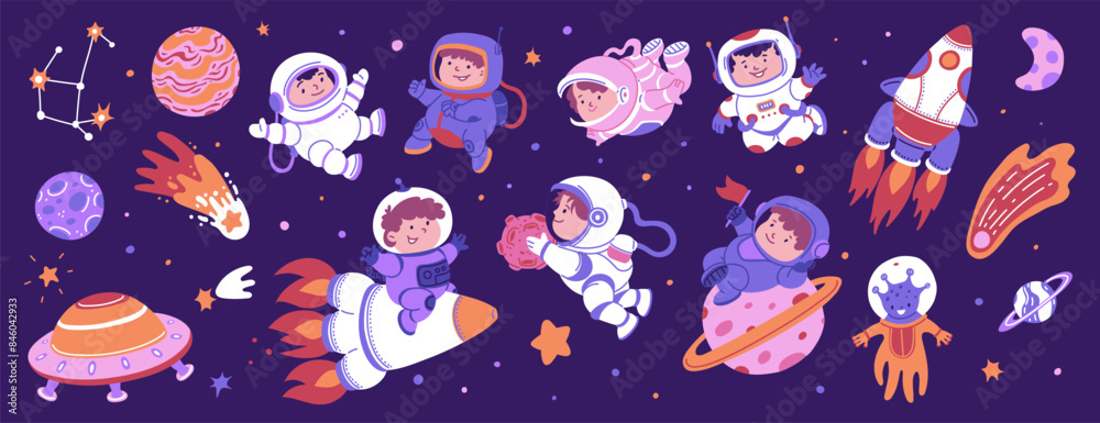 Children's space adventure vector illustration set Stock Vector | Adobe ...