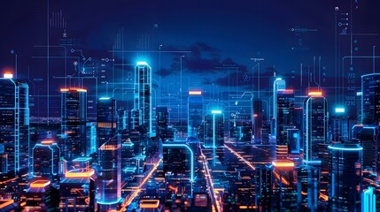 Futuristic cityscape at night, illuminated by neon lights, showcasing advanced urban development and smart city technology