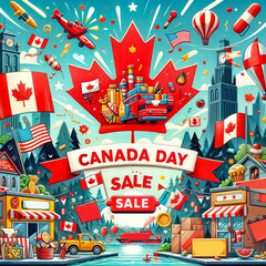 Wall Mural - Canada Day Sale Web Banner. Happy Canada Independence Day Mega Big Sale Banner Background Illustration. Canada Day Weekend Promotion Discount Banner created with generative ai.