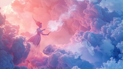 Wall Mural - A gentle pattern of pink and blue smoke, with a 3D animated fairy godmother casting spells, her wand twinkling amidst the clouds