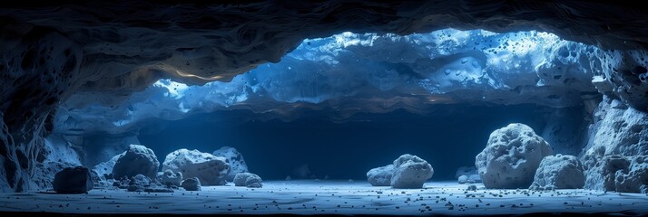 Wall Mural - An ultra-wide angle view of a glowing asteroid cave interior with white rocks and blue lighting