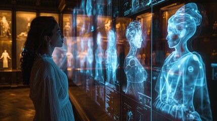 Poster - A woman stands in a museum gazing at a holographic display showcasing historical figures.