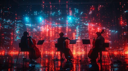 Poster - A quartet of musicians plays cellos in a holographic music lesson with a backdrop of a virtual cityscape.
