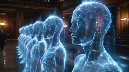 Poster - A row of holographic figures attend a virtual law class in a courtroom setting.