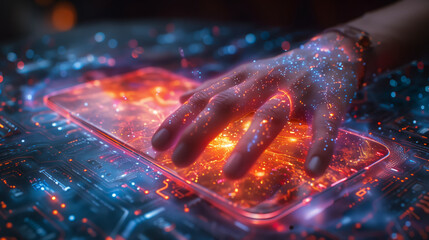 Poster - A close-up image of a hand interacting with a holographic advertisement displaying futuristic technology.